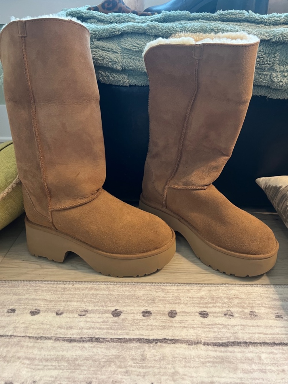 UGG Chestnut Suede Shearling-Trim Platform Winter Boots